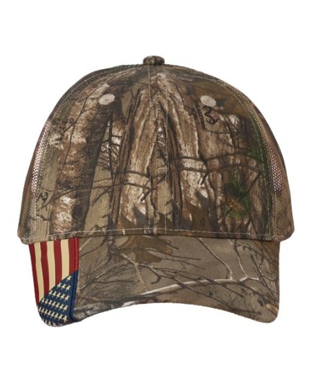 Kati LC350M Camo Woven USA Flag Mesh Cap – Unisex cap (6-panel structured mesh) | One Size Fits Most