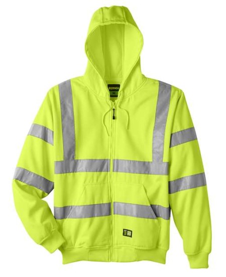 Berne Apparel HVF021T Men's Tall Hi-Vis Class 3 Lined Full-Zip Hooded Sweatshirt – 9 oz. 100% Polyester Fleece with Mesh Lining | ANSI/ISEA 107-2015 Type R Class 3 | Tall Sizing