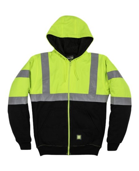 Berne Apparel HVF023 Men's Hi-Vis Class 3 Color Block Full-Zip Hooded Sweatshirt – 9 oz. Blended Fleece ANSI Class 3 Hi-Vis Hoodie | Color Block with Black Panels | 2