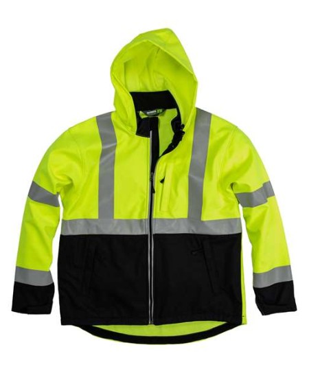 Berne Apparel HVJS206 Men's Hi-Vis Class 3 Hooded Soft Shell Jacket – 8 oz. Polyester Softshell Bonded to Microfleece | ANSI/ISEA 107 Type R Class 3 | 2