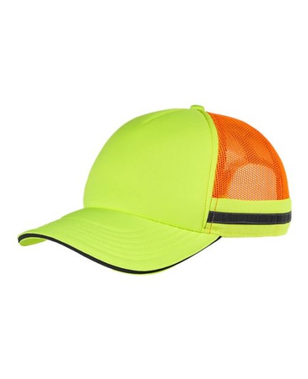 Big Accessories BA661 Safety Trucker Cap – 100% Polyester Front | Mesh Back | 5-Panel | Reflective Sandwich Bill + Mesh Taping | Hook-and-Loop Closure | OSFM