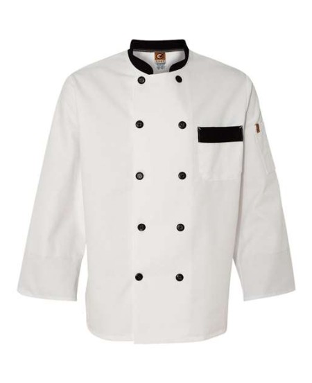Chef Designs KT74 Garnish Chef Coat - 7 oz. 65/35 Poly/Cotton 3/4 Sleeve Chef Coat with Black Trim and Ten Black Pearl Buttons | S-5XL