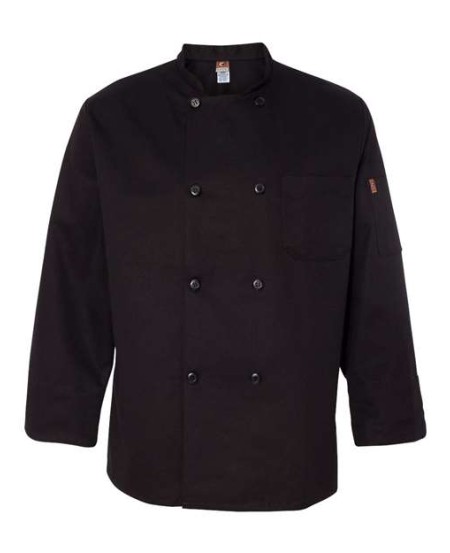 Chef Designs KT76 Black Traditional Chef Coat - 7.5 oz. 65/35 Poly/Cotton Soil-Release Double-Breasted Black Chef Coat | XS-5XL