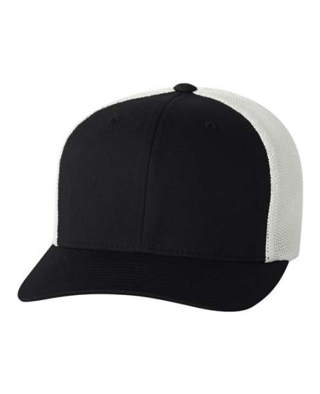 Flexfit 6511 Trucker Cap – 55/43/2 Polyester/Cotton/PU Spandex | Structured Six-Panel Mid-Profile | Permacurv® Silver Undervisor | Sewn Eyelets | Fitted S/M–OSFA