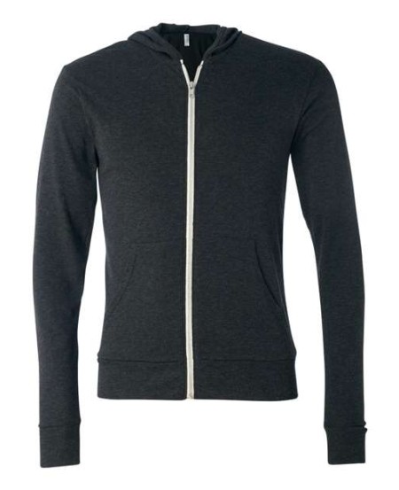 BELLA CANVAS 3939 Unisex Triblend Lightweight Full-Zip Hooded Long Sleeve Tee – 5.6 oz. 50/25/25 Poly/Airlume Cotton/Rayon Triblend Full-Zip Hooded Tee