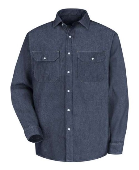 Red Kap SD78 Men's Deluxe Denim Long Sleeve Shirt – 10 oz. 100% Cotton Fineweave Denim, Pearlized Snaps, Flap Pockets
