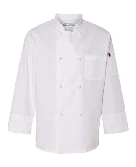 Chef Designs 414 Eight Knot Button Chef Coat - 65/35 Poly/Cotton Twill Double-Breasted Knot Button Coat with Thermometer Pocket | S-3XL