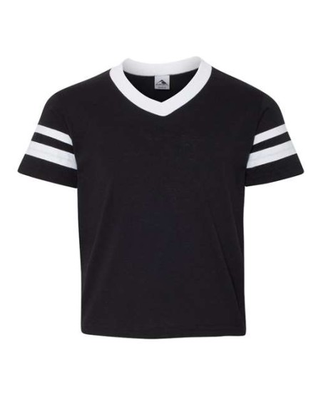 Augusta Sportswear 361 Youth V-Neck Jersey with Striped Sleeves – 4.8 oz. 50/50 Cotton/Poly Knit | S–L