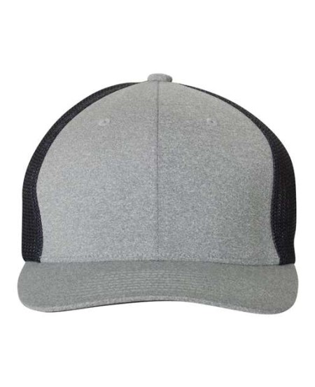 Flexfit 6311 Mélange Trucker Cap – 92/8 Polyester/PU Spandex | Mélange Jersey Front/Stretch Mesh Back | Structured Mid-Profile Six-Panel | Permacurv® Black Undervisor | OEKO-TEX
