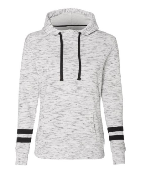 J. America 8674 Women's Mélange Fleece Striped-Sleeve Hooded Sweatshirt – 7.3 oz. Women's Pullover hoodie | S–2XL