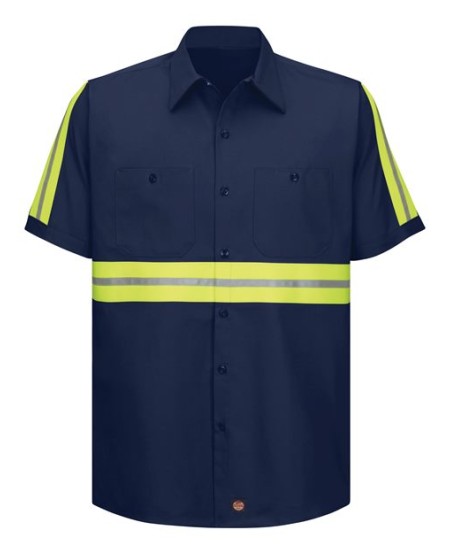 Red Kap SC40E Men's Enhanced Visibility Short Sleeve Cotton Work Shirt – 6 oz. 100% Cotton, Reflective Trim | Grey/Navy
