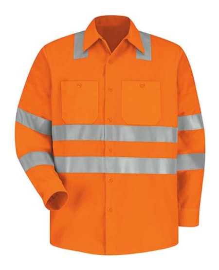 Red Kap SS14HV Men's High Visibility Safety Long Sleeve Shirt – 5 oz. 100% Polyester, ANSI 107-2010/2015 Class 2/3, UPF 40