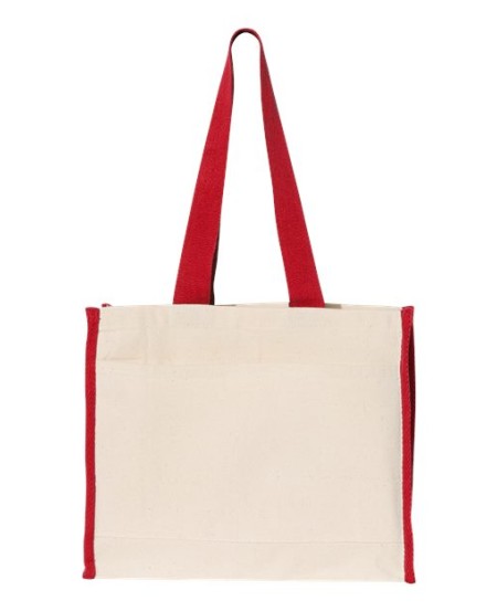 Q-Tees Q1100 14L Canvas Tote Bag with Contrast-Color Handles – 12 oz. Heavy Canvas, Front Pocket & Bottom Gusset