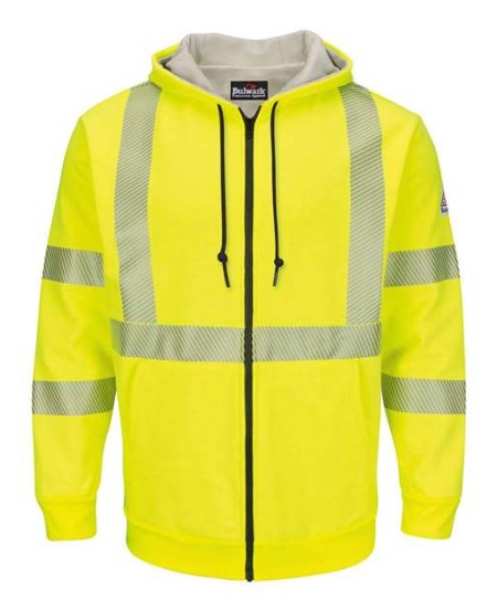 Bulwark SMZ4HV Men's Hi-Vis Zip-Front FR Hooded Sweatshirt with Waffle Lining – 10.5 oz. Modacrylic Shell + 7 oz. Waffle | ATPV 35 CAT 3