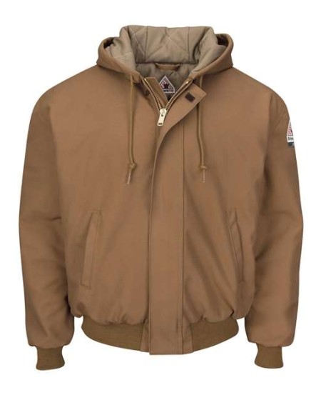 Bulwark JLH6 Men's Insulated Brown Duck Hooded Jacket – 13 oz. 100% Cotton FR Duck Shell with Quilted Insulation | Knit Trim