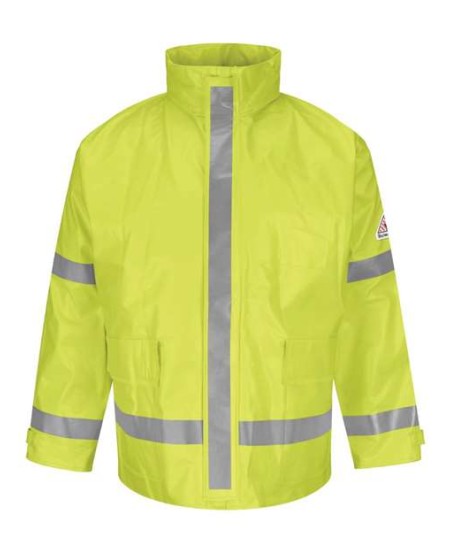 Bulwark JXN6 Men's Hi-Visibility FR Rain Jacket – 13 oz. PVC/Modacrylic Knit | ATPV 8.5 cal/cm² CAT 2 | ANSI Class 2
