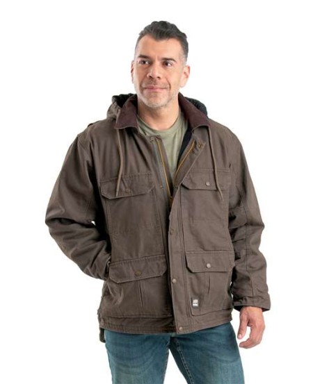Berne Apparel JC613 Men's Heartland Washed Duck Zip-Off Hooded Coat – 12 oz. 100% Cotton Sanded Duck with Heavyweight Fleece Body | Zip-Off Hood | 11+ Pockets