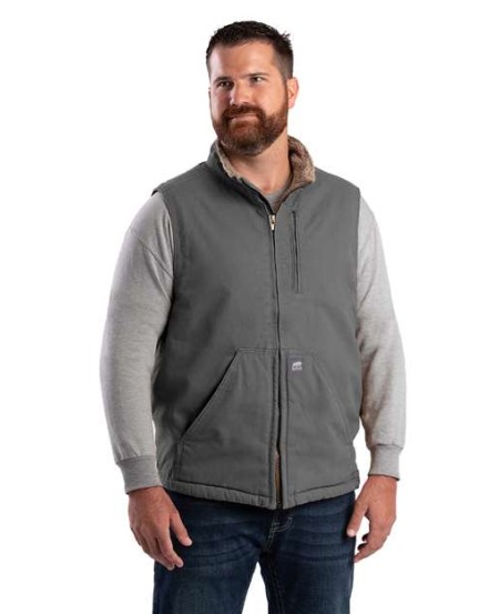 Berne Apparel V818 Men's Heartland Sherpa-Lined Washed Duck Vest – 12 oz. 100% Cotton Sanded Duck with Heavyweight Sherpa Lining | Zip-Through Collar | Sherpa-Lined Pockets