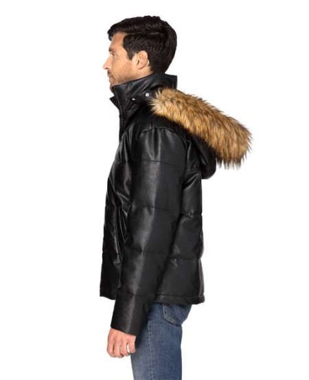 Threadfast Apparel 397J Unisex Vegan Leather Puffer Jacket – 100% PU Shell with Detachable Faux Fur Hood | XS–3XL