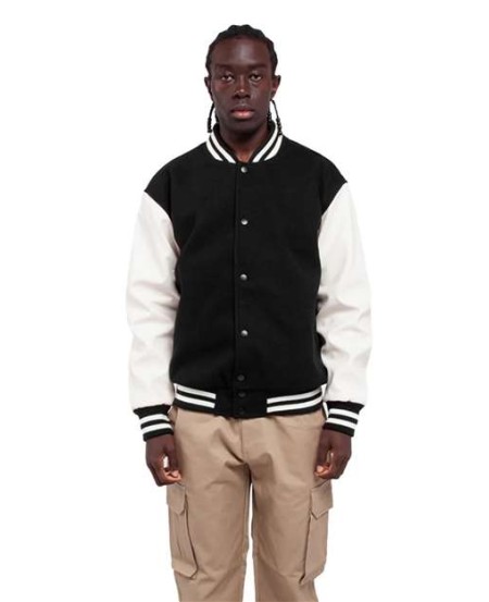 Shaka Wear SHLLJ Letterman Jacket - 11.8 oz. 100% Polyester Body/Sleeves Heavyweight Striped Rib Snap Front | S-3XL