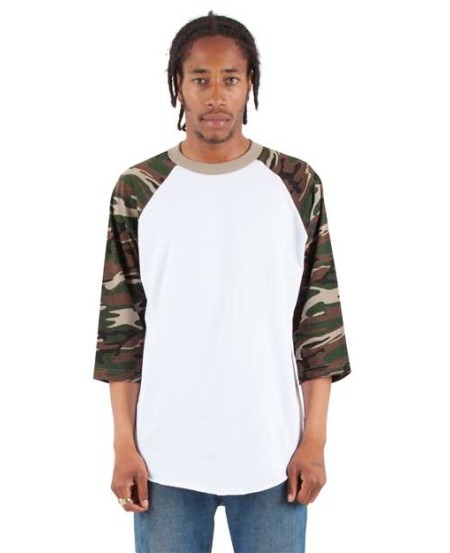 Shaka Wear SHRAGCM Three-Quarter Sleeve Camo Raglan T-Shirt - 6 oz. 100% USA Cotton 18 Singles Camo Sleeves | S-3XL