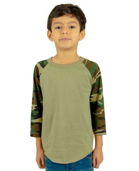 Shaka Wear SHRAGCY Youth Three-Quarter Sleeve Camo Raglan T-Shirt - 6 oz. 100% USA Cotton 18 Singles | Youth S-XL