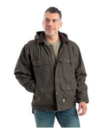 Berne Apparel JC613 Men's Heartland Washed Duck Zip-Off Hooded Coat – 12 oz. 100% Cotton Sanded Duck with Heavyweight Fleece Body | Zip-Off Hood | 11+ Pockets