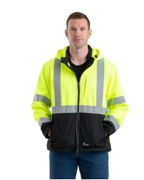 Berne Apparel HVJS206 Men's Hi-Vis Class 3 Hooded Soft Shell Jacket – 8 oz. Polyester Softshell Bonded to Microfleece | ANSI/ISEA 107 Type R Class 3 | 2