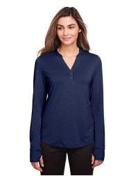 North End NE400W Women's JAQ Stretch Performance V-Neck Snap Pullover – 5.3 oz. 69/26/5 Poly/Lyocell/Spandex, Thumbholes