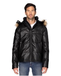 Threadfast Apparel 397J Unisex Vegan Leather Puffer Jacket – 100% PU Shell with Detachable Faux Fur Hood | XS–3XL