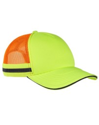 Big Accessories BA661 Safety Trucker Cap – 100% Polyester Front | Mesh Back | 5-Panel | Reflective Sandwich Bill + Mesh Taping | Hook-and-Loop Closure | OSFM