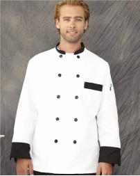 Chef Designs KT74 Garnish Chef Coat - 7 oz. 65/35 Poly/Cotton 3/4 Sleeve Chef Coat with Black Trim and Ten Black Pearl Buttons | S-5XL