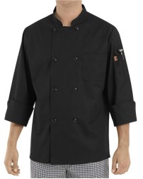 Chef Designs KT76 Black Traditional Chef Coat - 7.5 oz. 65/35 Poly/Cotton Soil-Release Double-Breasted Black Chef Coat | XS-5XL
