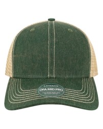 LEGACY OFMPS Old Favorite Mid Pro Trucker Cap – 65/35 Dirty Washed Cotton Twill | Recycled Plastic Bill | Green Underbill
