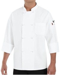 Chef Designs 414 Eight Knot Button Chef Coat - 65/35 Poly/Cotton Twill Double-Breasted Knot Button Coat with Thermometer Pocket | S-3XL
