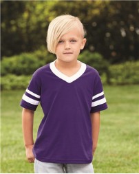Augusta Sportswear 361 Youth V-Neck Jersey with Striped Sleeves – 4.8 oz. 50/50 Cotton/Poly Knit | S–L