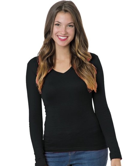 Bayside 3415 Women's USA-Made Deep V-Neck Long Sleeve T-Shirt – 4.2 oz. Combed Ring-Spun Cotton Juniors LS Tee | XS–6XL
