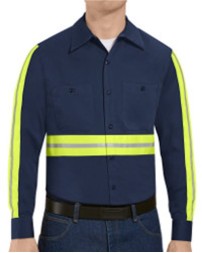 Red Kap SC30E Men's Enhanced Visibility Long Sleeve Cotton Work Shirt – 6 oz. 100% Cotton, Reflective Trim | Grey/Navy