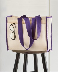 Q-Tees Q1100 14L Canvas Tote Bag with Contrast-Color Handles – 12 oz. Heavy Canvas, Front Pocket & Bottom Gusset