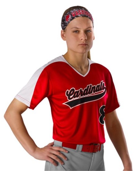Alleson Athletic 558VG Girls' V-Neck Fastpitch Jersey – 100% Microfiber Cationic Polyester Contrast Yoke Overlay Softball Jersey | XS–L